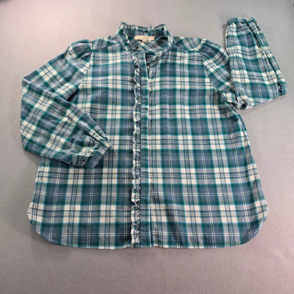 LOFT Teal Blue Plaid Ruffle Neck Button Front Cotton Blouse Large Preppy